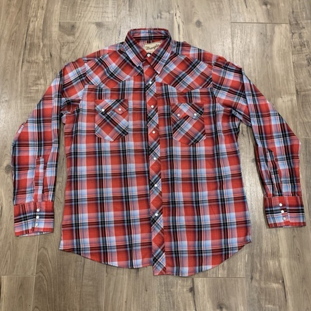 Wrangler Red Plaid Western Pearl Snap Shirt‎ Men's M Cowboy Rodeo Retro Western